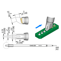 JBC C245 654 TIP CARTRIDGE A = 2 mm B = 0.75 mm C = 6 mm D = 3.5 mmE = 3 mm Cartridge Drag 0.75 L