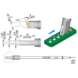 JBC C245 669 TIP CARTRIDGE A = 3.25 mm B = 1.25 mm C = 6 mm D = 4 mm E = 3 mm Cartridge Drag Soldering 1.25 S2 L