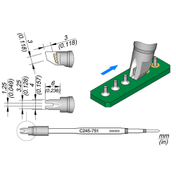 JBC C245 751 TIP CARTRIDGE A = 3.25 mm B = 1.25 mm C = 6 mm D = 4 mm E = 3 mm Cartridge Drag 1.25