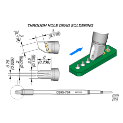 JBC C245 754 TIP CARTRIDGE A = 2 mm B = 0.75 mm C = 6 mm D = 3.5 mm E = 3 mm Cartridge Drag 0.75