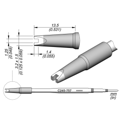 JBC C245 757 TIP CARTRIDGE A = 3.2 mm B = 1.5 mm C = 1.25 mm D = 1.4 mm E = 13.5 mm Cartridge Chip 1.25