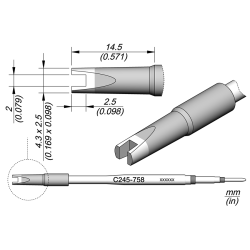 JBC C245 758 TIP CARTRIDGE A = 4.3 mm B = 2.5 mm C = 2 mm D = 2.5 mm E = 14.5 mm Cartridge Chip 2.0