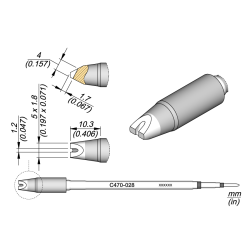 JBC C470 028 TIP CARTRIDGE A = 5 x 1.8 mm B = 1.2 mm C = 1 mm Cartridge Barrel Diam. 1.2