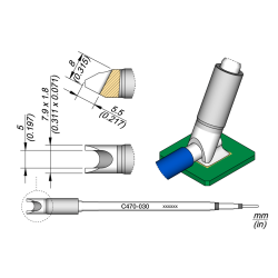 JBC C470 030 TIP CARTRIDGE A = 7.9 x 1.8 mm B = 5 mm C = 4 mm Cartridge Barrel Diam. 5