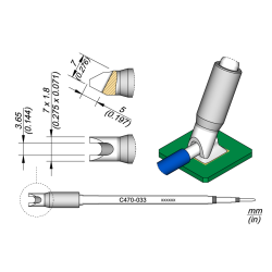 JBC C470 033 TIP CARTRIDGE A = 7 x 1.8 mm B = 3.65 mm C = 3.6 mm Cartridge Barrel Diam. 3.65