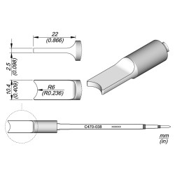 JBC C470 038 TIP CARTRIDGE A = 2.5 mm B = 10.4 mm C = 22 mmR = 6 Cartridge Round Connector R6 (S2)