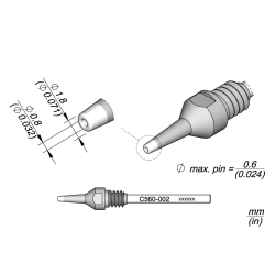 JBC C560 002 DESOLDER TIP A = 1.8 mm B = 0.8 mmmax. pin = 0.6 Through hole desoldering Diam. 0.8