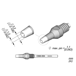 JBC C560 004 DESOLDER TIP A = 3.2 mm B = 1.3 mmmax. pin = 1.1 Through hole desoldering Diam. 1.3 x Diam. 3.2