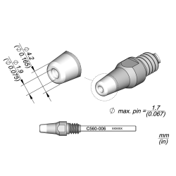 JBC C560 006 DESOLDER TIP A = 4.2 mm B = 1.9 mmmax. pin = 1.7 Through hole desoldering Diam. 1.9