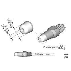 JBC C560 009 DESOLDER TIP A = 5 mm B = 1.3 mmmax. pin = 1.1 Through hole desoldering Diam. 1.3 x Diam.5