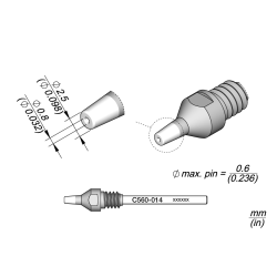 JBC C560 014 DESOLDER TIP A = 2.5 mm B = 0.8 mmmax. pin = 0.6 Through hole desoldering Diam. 0.8