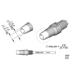 JBC C560 015 DESOLDER TIP A = 5.2 mm B = 3 mmmax. pin = 2.8 Through hole desoldering Diam. 3