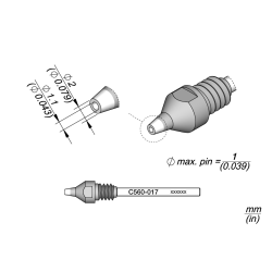 JBC C560 017 DESOLDER TIP A = 2 mm B = 1.1 mmmax. pin = 2.8 Through hole desoldering Diam. 1.1